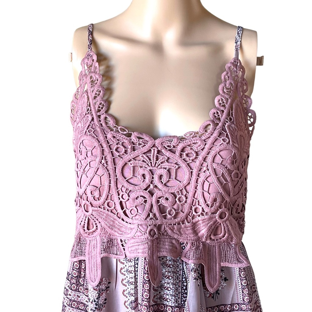 Modern Owl Mauve Pink/purple boho crochet spaghetti strap printed midi dress - Picture 6 of 13